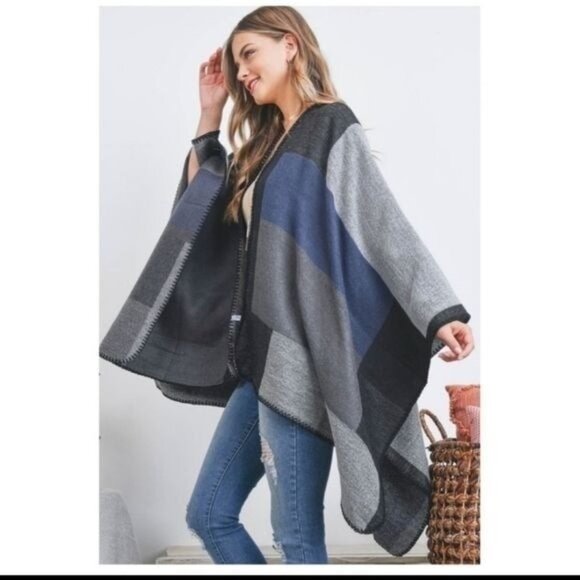 Plaid Open Front Poncho Wrap Cardigan For Women Black/Grey/Blue Colorblock Soft - Picture 3 of 6